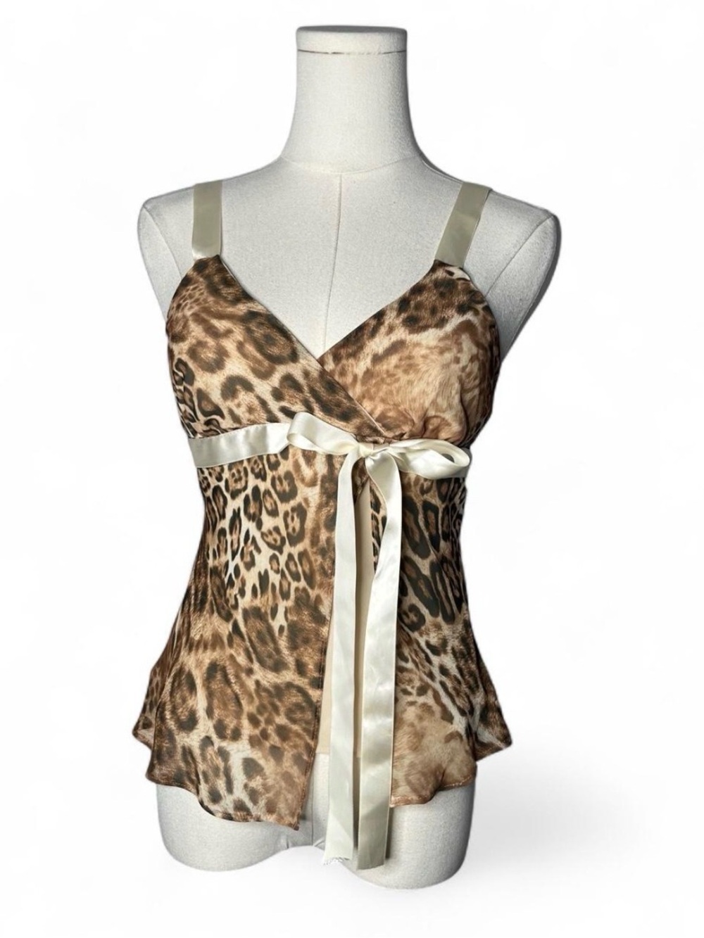 Vintage Charlotte Russe Cheetah Print Satin Ribbon Babydoll Cami